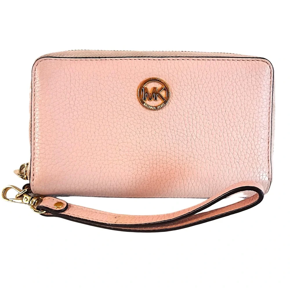 Michael Kors Pink Pebble Leather Zip Around Wristlet Wallet Clutch Gold Logo